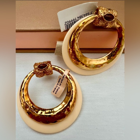 Gas Bijoux Authentic Meknes 24KGold Plated Hoop Earrings Marquise Glass Cabochon - Picture 3 of 12